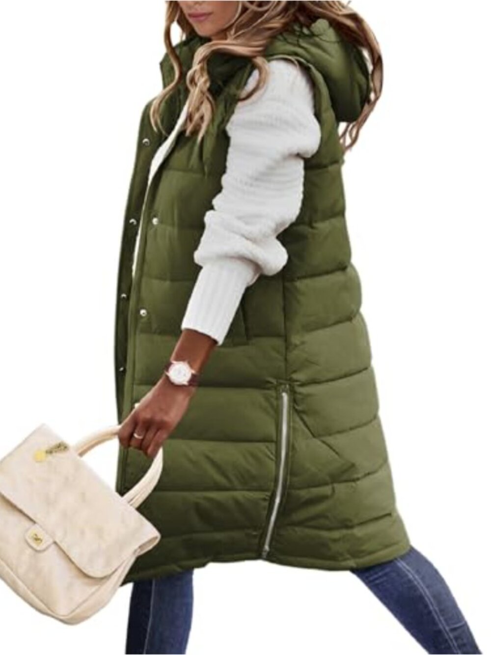Women Long Puffer Vest Hooded Zip Up Sleeveless Winter Warm Thick Coat